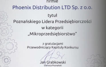 Phoenix Distribution LTD Sp. z o.o. Poznańskim Liderem Przedsiębiorczości jako Mikroprzedsiębiorstwo